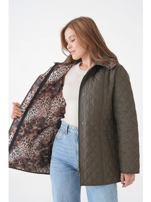 Mg Otantik Leopar Desenli Kapitone Kaban Mont Kadın Büyük Beden Kapüşonlu Fermuarlı Çıtçıtlı