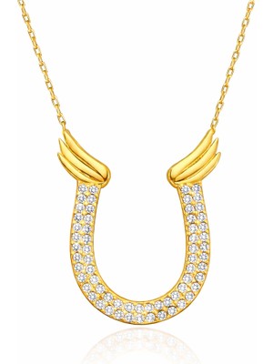 Gümüş Gold Zirkon Taşlı Nal Kadın Kolye