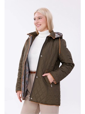 Mg Otantik Kapüşonlu Mevsimlik Mont - Büyük Beden Pamuk Ekoseli Kapitone Kaban