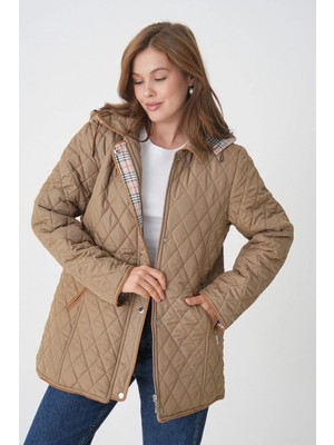 Mg Otantik Kapüşonlu Mevsimlik Mont - Büyük Beden Pamuk Ekoseli Kapitone Kaban