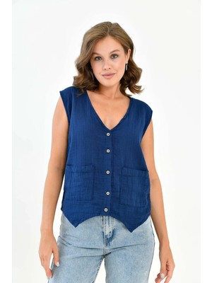 Mg Otantik Kadın %100 Pamuk Cepken Önden Düğmeli Müslin Yelek Bluz