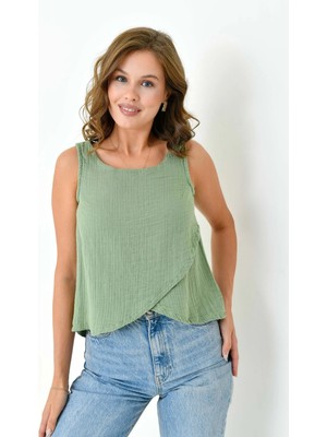 Mg Otantik Kadın Müslin Cepken Yelek Bluz %100 Pamuk Arka Düğmeli - MG001