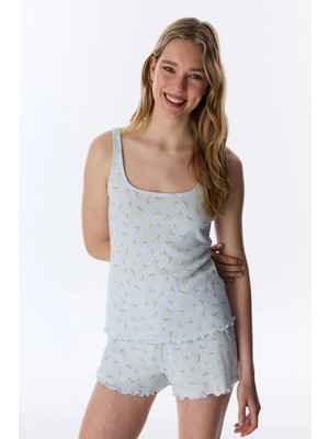 Penti Açık Mavi Flora Pointel Pamuklu Şortlu Pijama Takımı
