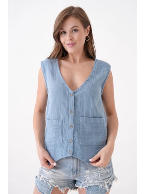 Mg Otantik Kadın %100 Pamuk Cepken Önden Düğmeli Müslin Yelek Bluz