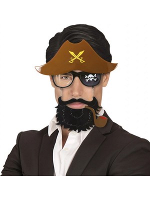 Zero Land Hnrlishp Kahve Renk Şapkalı Siyah Sakallı Pipolu Jack Sparrow Denizci Korsan Gözlüğü 24X25 cm