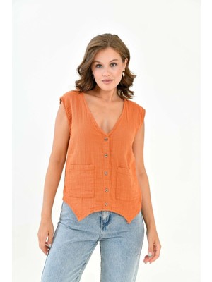 Mg Otantik Kadın %100 Pamuk Cepken Önden Düğmeli Müslin Yelek Bluz