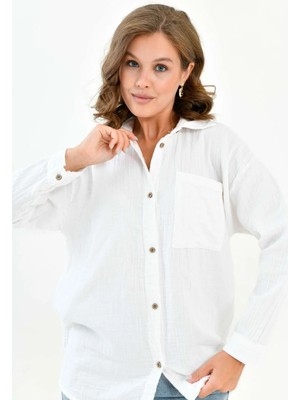 Mg Otantik Kadın %100 Pamuk Beyaz Müslin Gömlek