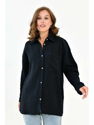 Mg Otantik Kadın %100 Pamuk Siyah Müslin Gömlek