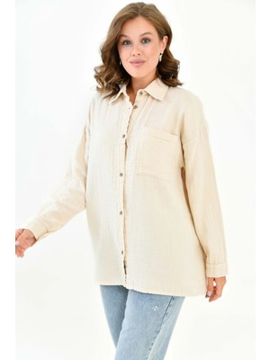 Mg Otantik Kadın %100 Pamuk Bej Müslin Gömlek