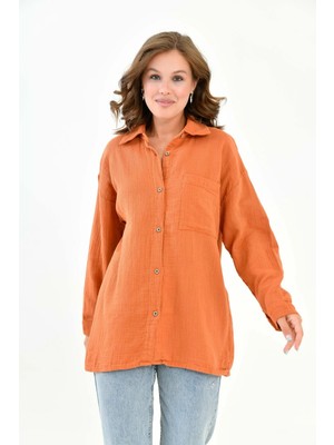 Mg Otantik Kadın %100 Pamuk Kiremit Müslin Gömlek