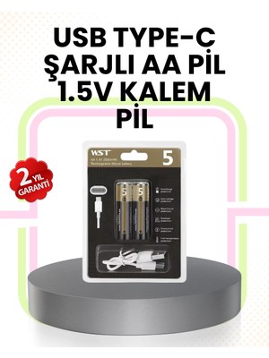 Aylina Mey Ithalat® Tekrar Şarj Edilebilir Aa USB Type-C Pil | 1000+ Döngü | 1.5V Sabit Voltaj