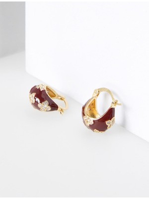 Jimmy Key Kırmızı Parlak Taşlı Yonca Figürlü Yarım Halka Küpe