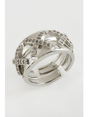 Zero Land Hnrlishp Çarpı Taşlı Metal Yüzük-Gümüş Rengi