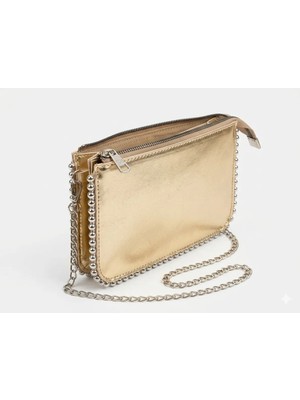 Sevmine Işıltılı Gold Metalik Mini Clutch – Gümüş Boncuk İşlemeli Zincirli Gece Çantası