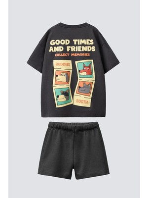 Monila Erkek Çocuk Pamuklu Antrasit Köpek Baskılı T-Shirt ve Şort Takım