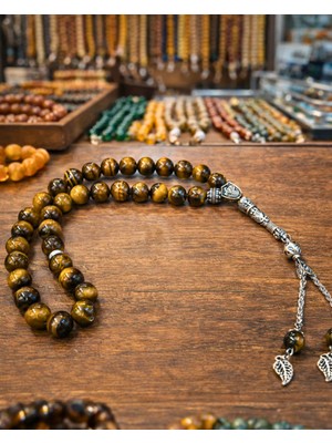 Sufi Tesbih Esans Ve Hediyelik 10 mm Kaplan Gözü Doğal Taş Tesbih – Gümüş Kaplama Imame ve Püskül – Parlak Kesim Premium Tesbih