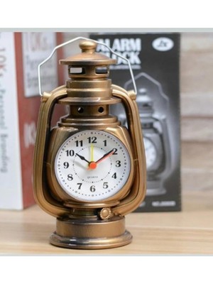 TeknoBeyza Nostaljik Gaz Lambası Tasarımlı Alarmlı Masa Saati – Retro Dekoratif Mini Gece Lambası Görünümlü Masa Üstü Saat (Altın/bronz)