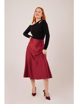 Çan Kesim Midi Bordo Saten Etek