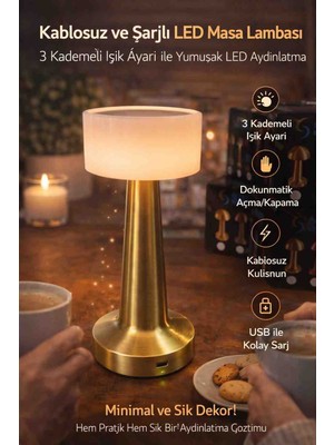 Düz LED Başlıklı Masa Lambası Şarjlı Dokunmatik 3 Modlu Gece Işığı Lüks Başucu Lambası