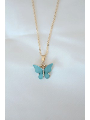 Esranın Dünyası Tegan Gold Kaplama Turkuaz Renk Sedefli Kelebek Kolye TG27BKO6437