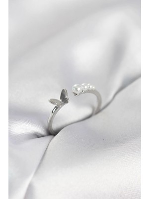 Esranın Dünyası Tegan Incili Kelebek Model Gümüş Renk Pirinç Kadın Yüzük TG27BYK4120