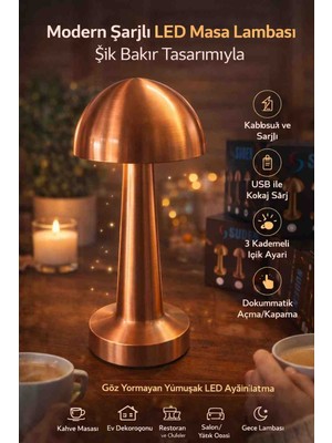 Mantar Başlıklı Masa Lambası Şarjlı Dokunmatik 3 Modlu Gece Işığı Lüks Başucu Lambası