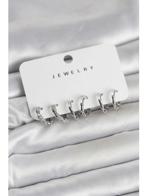 Esranın Dünyası Tegan Gümüş Renk Pirinç Kemik Model 3 Çift Kadın Küpe Seti TG27BKP11647