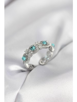 Maarketim Mavi Taşlı Gümüş Renk Vintage Kadın Yüzük