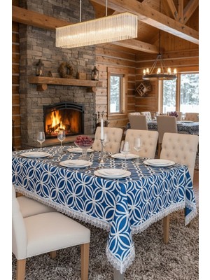 Rona Home Lacivert Dantel Kenarlı Masa Örtüsü 6 Kişilik Silinebilir Leke Tutmaz Şık Dikdörtgen Masa Örtüsü