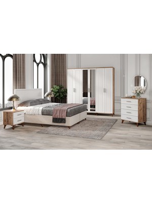 Macera Mobilya Paris 6 Kapaklı Komple Mdf Atlantik Çam-Beyaz Yatak Odası Takımı