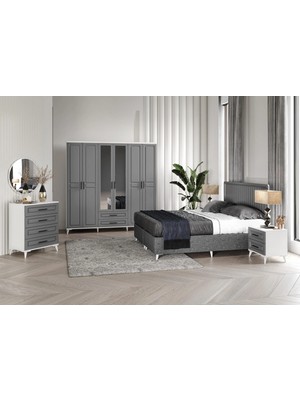 Macera Mobilya Gözde 6 Kapaklı Komple Mdf Antrasit-Beyaz Yatak Odası Takımı