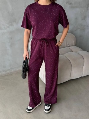 Aksesuarista.co Kadın Taşlı Bordo Modal Kumaş Eşofman Takım