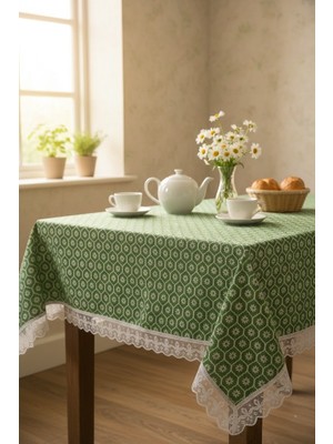 Rona Home Yeşil Dantel Kenarlı Masa Örtüsü 6 Kişilik Silinebilir Leke Tutmaz Şık Dikdörtgen Masa Örtüsü