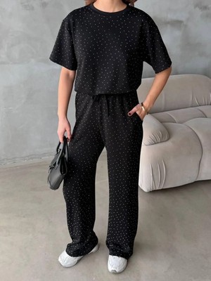 Aksesuarista.co Kadın Taşlı Siyah Modal Kumaş Eşofman Takım