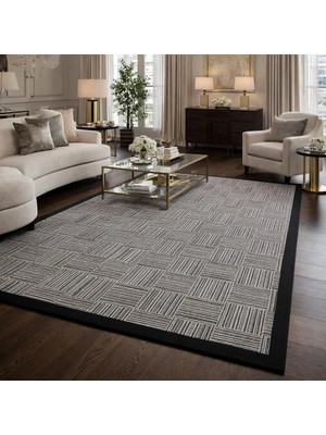 Blg Home Lüks Kumaş Bordürlü Tasarım Leke Tutmaz Silinebilir Sisal Halı 6015 Kemik-Antrasit