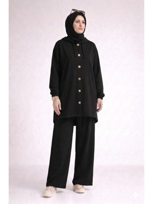 Ülker Aydın Tesettür Kapüşonlu Iki Iplik Penye Kompakt Pul Payet Detaylı Oversize Spor Uzun Tunik Hırka