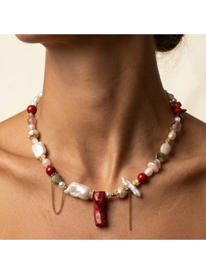 THEIA GemWorks Vivida - Çilek Kuvars, Morganit, Akik, Mercan, Selenit, Hematit, Mayorka İnci & Barok İnci Kolye