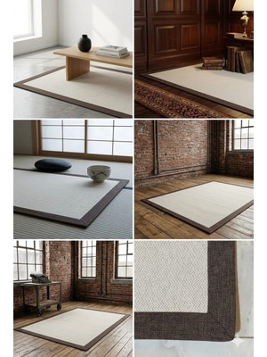 Blg Home Lüks Kumaş Bordürlü Tasarım Leke Tutmaz Silinebilir Sisal Halı 6008 Krem-Kahve