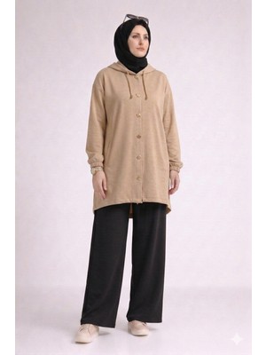 Ülker Aydın Tesettür Kapüşonlu Iki Iplik Penye Kompakt Pul Payet Detaylı Oversize Spor Uzun Tunik Hırka