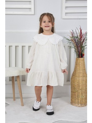Kız Çocuk Bebe Yaka Brode Detaylı Müslin Elbise -