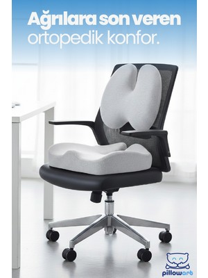 Pillowart Ortopedik Visco Bel Destek & Oturma Minderi - Ofis, Araç, Ev Çalışma Sandalyesi Için Gri