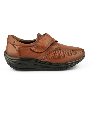 Ortoplus Deri Ortopedik Kadın Yürüyüş Ayakkabı Cırtlı KO2505 Taba