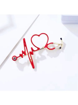 Rachel Silver Gold Renk Kırmızı Mineli Steteskop Doktor Hemşire Broş