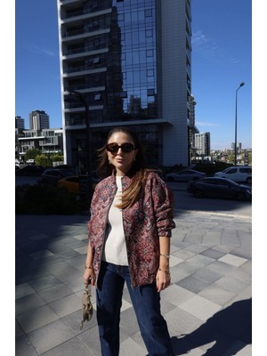 Qimya Butik Keyymod Kadın Beli Lastikli Fermuarlı Astarlı Şal Desenli Baharlık Mont