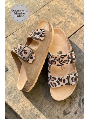 Land Of Cork Kadın Leopar Desenli Anatomik Terlik – Doğal Mantar Taban Hakiki Süet Deri Ark Destekli Ortopedik Günlük Terlik