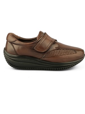 Ortoplus Deri Ortopedik Kadın Yürüyüş Ayakkabı Cırtlı KO2505 Kahve