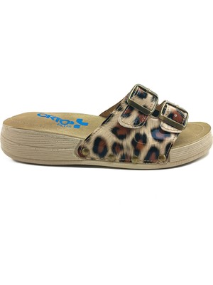 Ortoplus Topuk Dikenli Kemik Çıkıntılı Çift Bantlı Kadın Terlik KT9005 Krem Leopar