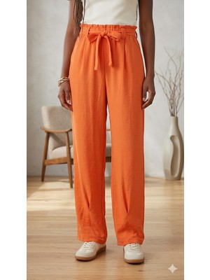 Kavaklıdere Giyim Kadın Beli Lastikli Bağcıklı Rahat Kesim Yazlık Pantolon – Turuncu