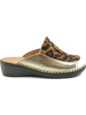 Ortoplus Kadın Deri Ortopedik Topuk Dikeni Kapalı Terlik Y1009 Altın Leopar