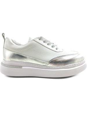 Ortoplus Deri Ortopedik Kadın Sneaker Ayakkabı ET3060 Beyaz - Gümüş